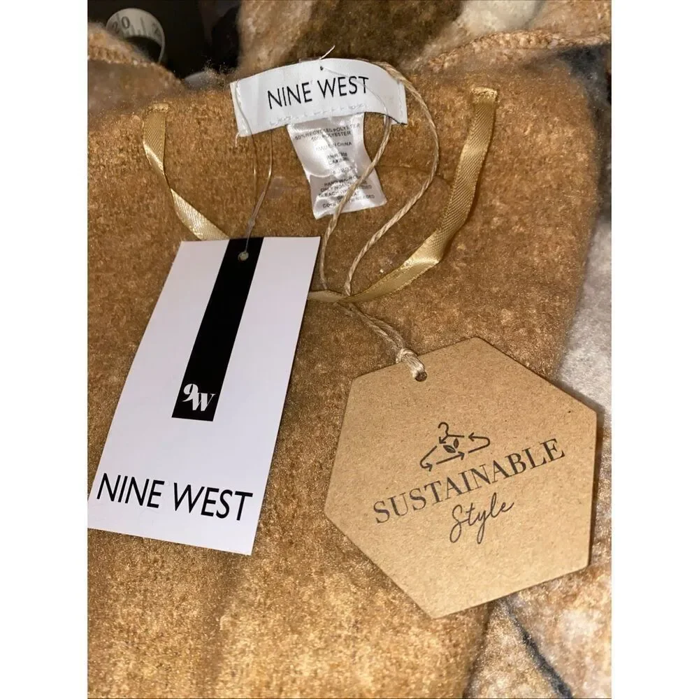 Nine West Sustainable Style Tan Plaid Open Front Poncho Wrap Fringed Shawl ~ OS